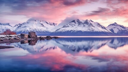 Landscape photo of snow covered mountains reflected in a still lake at sunrise