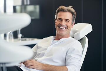 Close-up photo of a smiling middle aged Caucasian man sitting in a chair in a dental office. He is waiting for the dentist for an oral procedure. Teeth whitening concept. - obrazy, fototapety, plakaty
