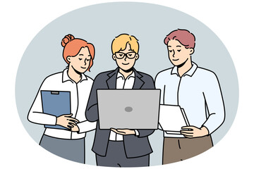 Man in glasses demonstrates business presentation on laptop to colleagues. Businessmen, businesswoman stand together, look to computer screen at office work. Meeting. Vector linear colored clipart.