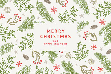 Christmas and New Year greeting card. Vector illustration with Сhristmas tree branches, red berries and snowflakes for cover, banner, social media post, party invitation, poster