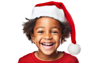 Portrait of a happy cute excited joyful laughing black kid wearing red santa hat on a transparent background