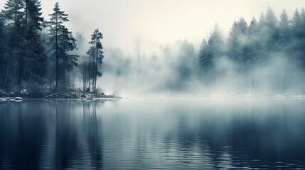 Misty pine forest in winter with lake in the foreground