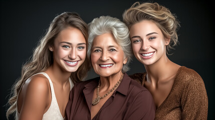 Portrait of three smiling women on black background.