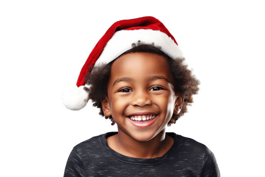 Portrait of a happy cute excited joyful laughing black kid wearing red santa hat on a transparent background
