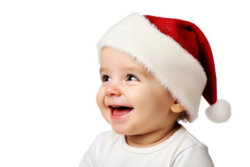 Portrait of a happy cute cheerful joyful baby wearing santa hat on a transparent background
