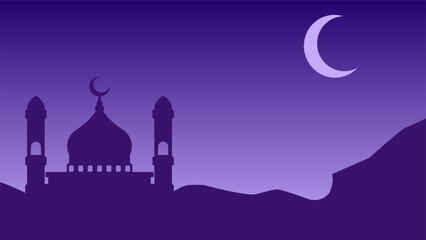 Mosque silhouette landscape vector illustration. Landscape ramadan design graphic in muslim culture and islam religion. Background of mosque in the night for Islamic wallpaper design