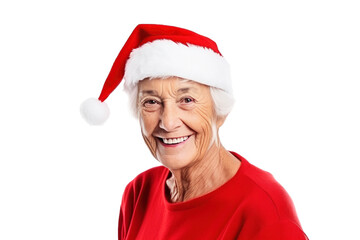 Portrait of happy smiling cheerful old woman wearing red santa hat on a transparent background