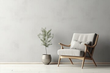 Fototapeta na wymiar Scandinavian-style armchair against an empty wall with minimalist interior design. Generative AI