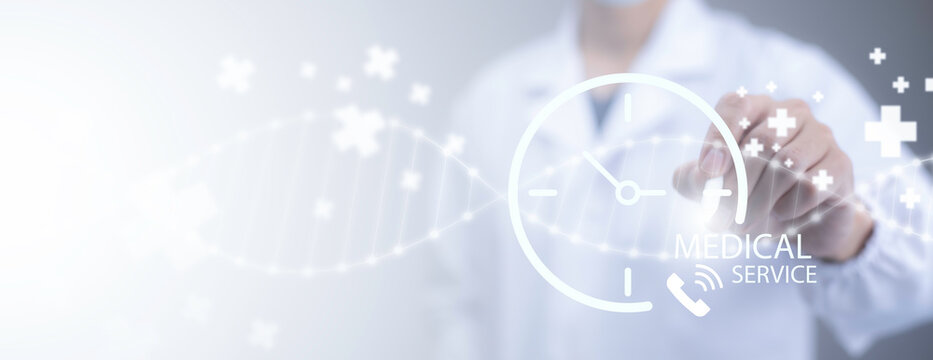 Doctor touch Medical Services in hospital with Emergency SOS online App concept. Nonstop service treatment service and healthcare medical, health and access healthcare.