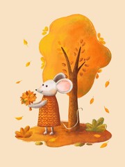 Cute mouse under the autumn tree with a bouquet of fallen leaves on a white background separately, children's hand-drawn illustration.
