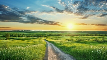 Obraz premium Rural landscape with a road in the middle and meadows on either side at sunrise