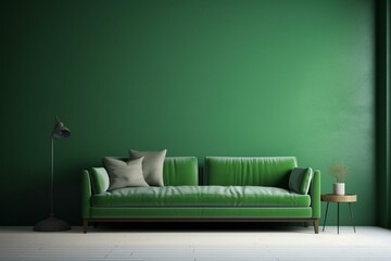 Contemporary living room: green sofa, clean background, minimalist and modern design. Generative AI