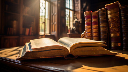 Open book on the table, illuminated by sunlight. Stack of vintage books in the background....