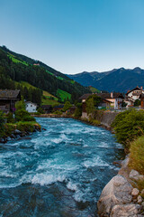 Alpine sunrise with the river Ahr at St Johann, San Giovanni, Ahrntal valley, Pustertal, Trentino, Bozen, South Tyrol