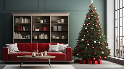 A room with red sofa, book shelves and Christmas tree with red balls and gifts