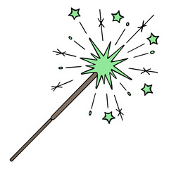 Burning sparkler. From a lit fire, green sparks scatter in the form of stars. Pyrotechnics. Color vector illustration. Isolated background. Cartoon style. Attribute for celebrating a festive event. 