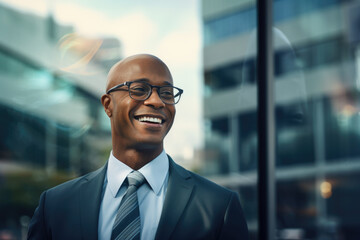 Smiling Afro American business man near business building.