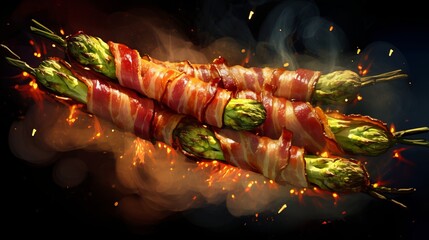 Barbecued green asparagus wrapped with bacon. Ketogenic slim down. Solid nourishment, slim down menu. Beat see, overhead, standard - obrazy, fototapety, plakaty