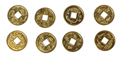 Traditional Chinese golden coin isolated on white or transparent background.  