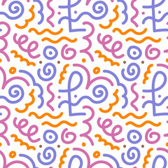 Squiggle cute naive seamless pattern. Creative bright scribble abstract style. Colored naive background illustration. Simple hand drawn wallpaper print.
