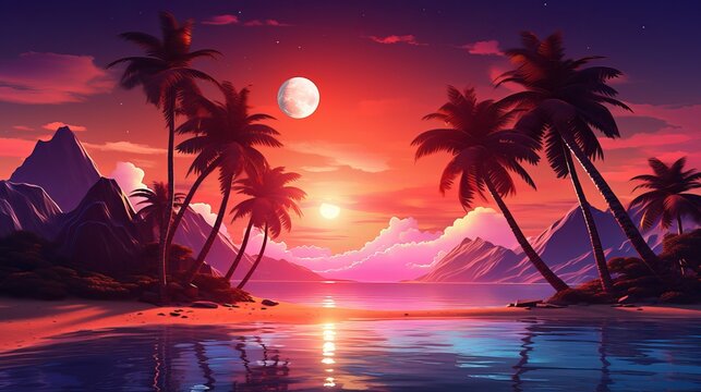Beautiful see of detached tall coconut palm tree with colorful sunset sky establishment of tropical paradise island. Irrelevant summer vibe establishment with copy space
