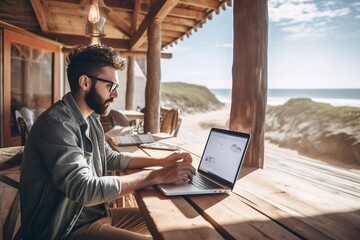 man working remotely from a tropical beach 