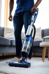 African American man uses vacuum cleaner to keep living space tidy. Man with vacuum cleaner in hand ensures home remaining tidy place to live. Vertical photo.