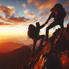 Hikers helping each other reach mountain top
