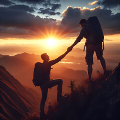Hikers helping each other reach mountain top