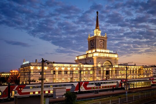 Volgograd, Russia - September 25, 2023: Volgograd railway station on the blue sky background. Volgograd is the hero city, famous for the battle of Stalingrad in World War II