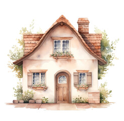 Fototapeta na wymiar Watercolor beige cottage. Generative AI, png image.