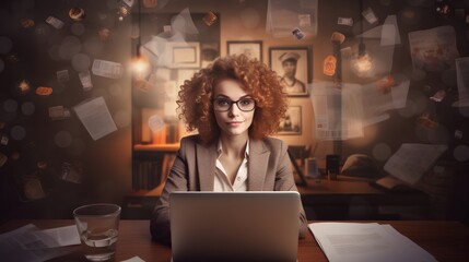 HR woman with flying CV and application letters around. Remote hiring and online job interviews using video call. Efficiency of distant HR work from a distance. Busy female from human resources.