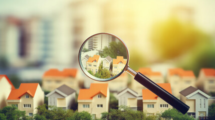 I am looking for a new house to buy. Housing rental market. A magnifying glass near a residential building. Generative AI - obrazy, fototapety, plakaty