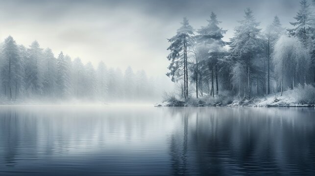 Winter landscape photo with pine forest mist and a lake