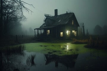 creepy house in green swamp with dark style. Generative AI