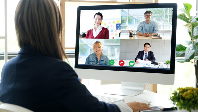 Virtual video conference,  Asian business team making video call by web, Group of asia team online telecommunication meeting by computer