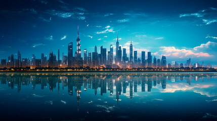 Sparkling city skyline reflected in a glassy lake, smart city - Powered by Adobe