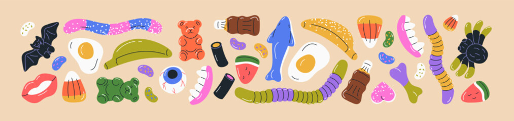 Gummy candies, jelly sweets set. Chewy fruit gums, marmalades of bear, worm, teeth, egg and beans shapes. Sugar food, gelatin snacks. Cute chewable confectionery. Isolated flat vector illustrations