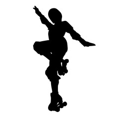 Silhouette of young woman in pose on roller blade. Silhouette of a slim female in action pose on roller wheels.