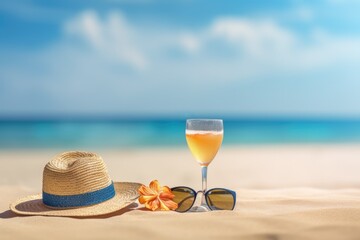 Straw hat, sunglasses and cocktail on beach. Vacation concept