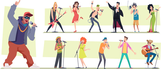 Singers. People male and female performers with microphone singing exact vector illustrations in cartoon style