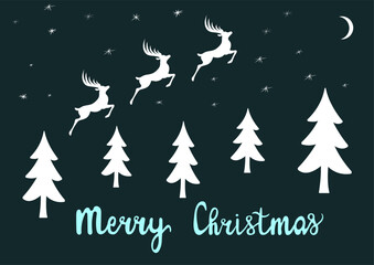 Fototapeta na wymiar Christmas illustration with reindeer, Christmas trees and the inscription Merry Christmas, flat vector illustration on a dark blue background
