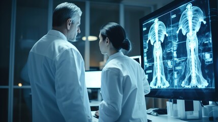 Orthopedic Surgeon Doctor Expertise, Doctor Check Patient's Knee Joint X-Ray Films, MRI, and CT Scan in Radiology Orthopedic, Hospital Background
