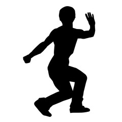 Silhouette of a man in oriental martial art pose. Silhouette of a male in martial art move.