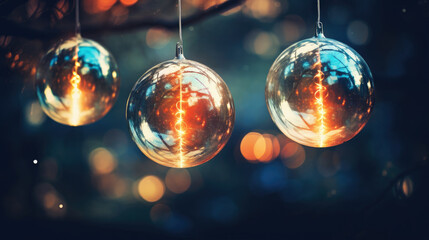 Glowing Christmas baubles, glass balls with lights reflections at night