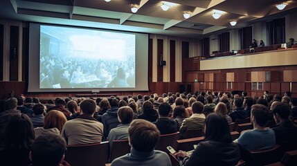 Conference in a university auditorium with a large screen on the wall