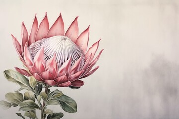 Realistic watercolor depiction of a pink protea flower against a gray background. Generative AI