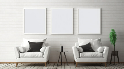 A room two blank white wall frames mockup