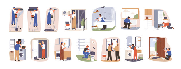 Home repair workers set. Repairmen, masters work with professional tools. House renovation, fixing, installing, building and maintenance service. Flat vector illustrations isolated on white background