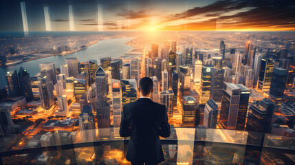 Man in suit overlooks city from high building, sunset, skyscrapers, river view